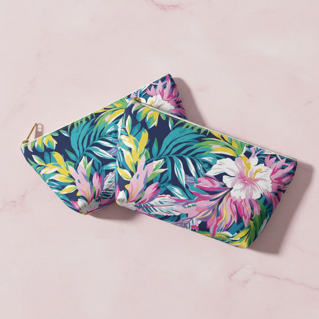 Tropical floral patterned pouch on a pink background