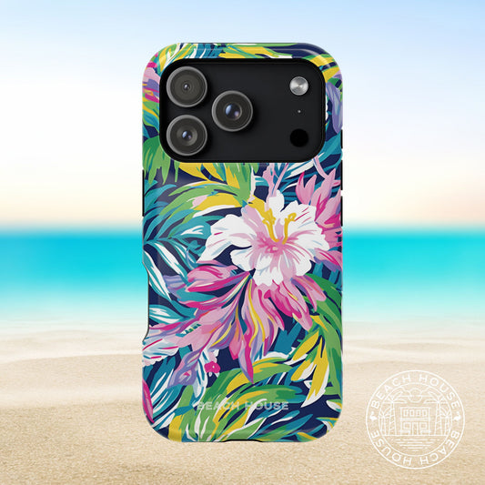 Phone case with colorful floral design on a beach background