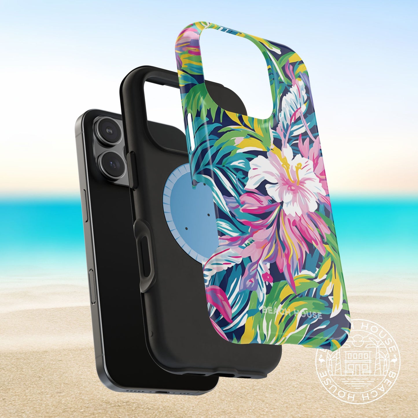 Phone case with colorful floral design on a beach background
