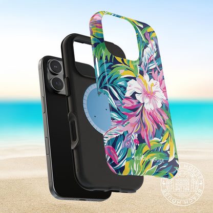 Phone case with colorful floral design on a beach background