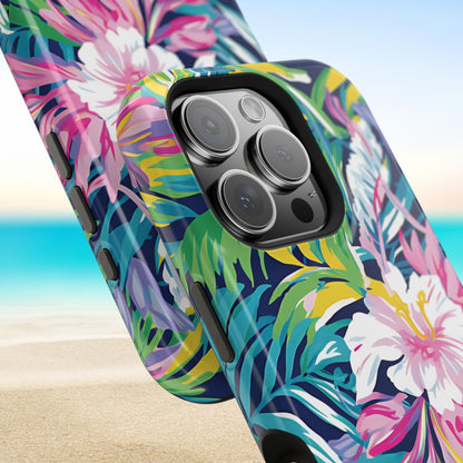 Playa Hermosa MagSafe Tough Phone case with tropical floral design on a beach background
