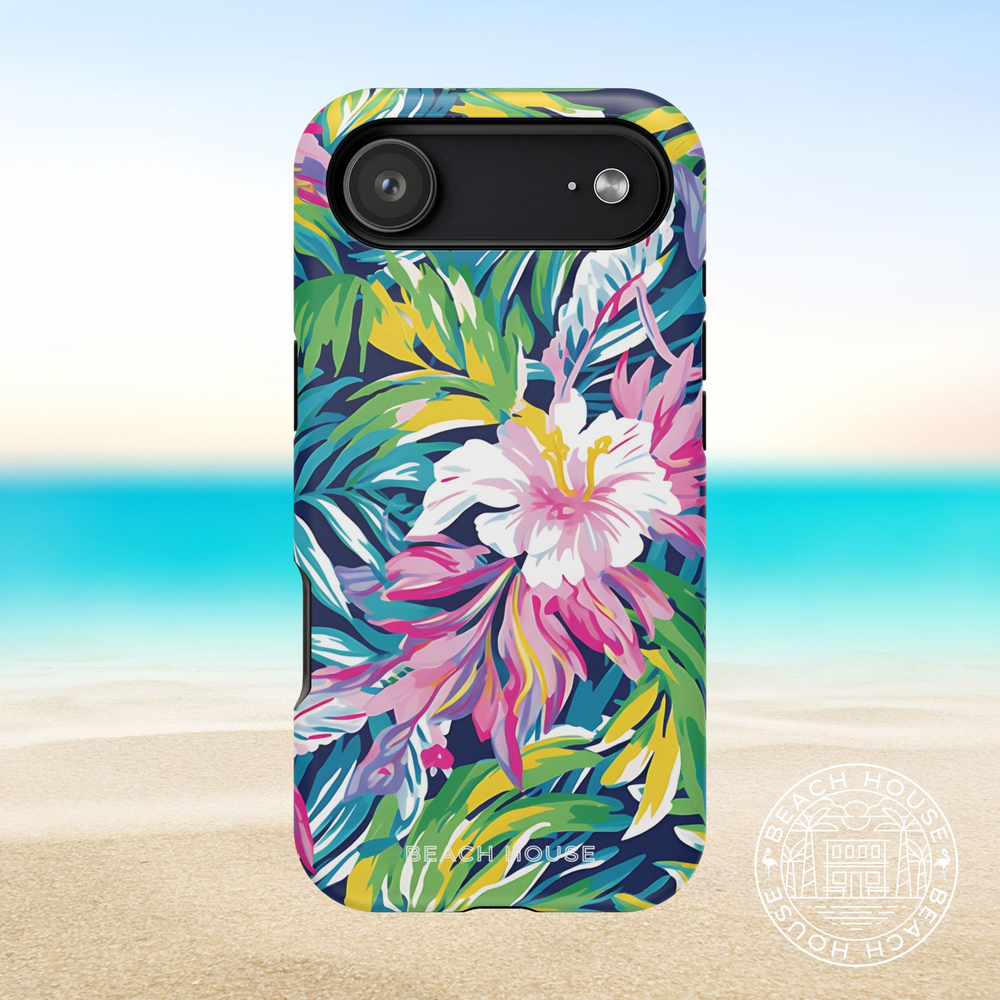 Playa Hermosa MagSafe Tough Phone 17 Air case with tropical floral design on a beach background
