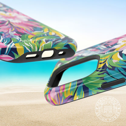 Top and bottom views of the Colorful tropical patterned Playa Hermosa MagSafe Tough phone case on a beach background