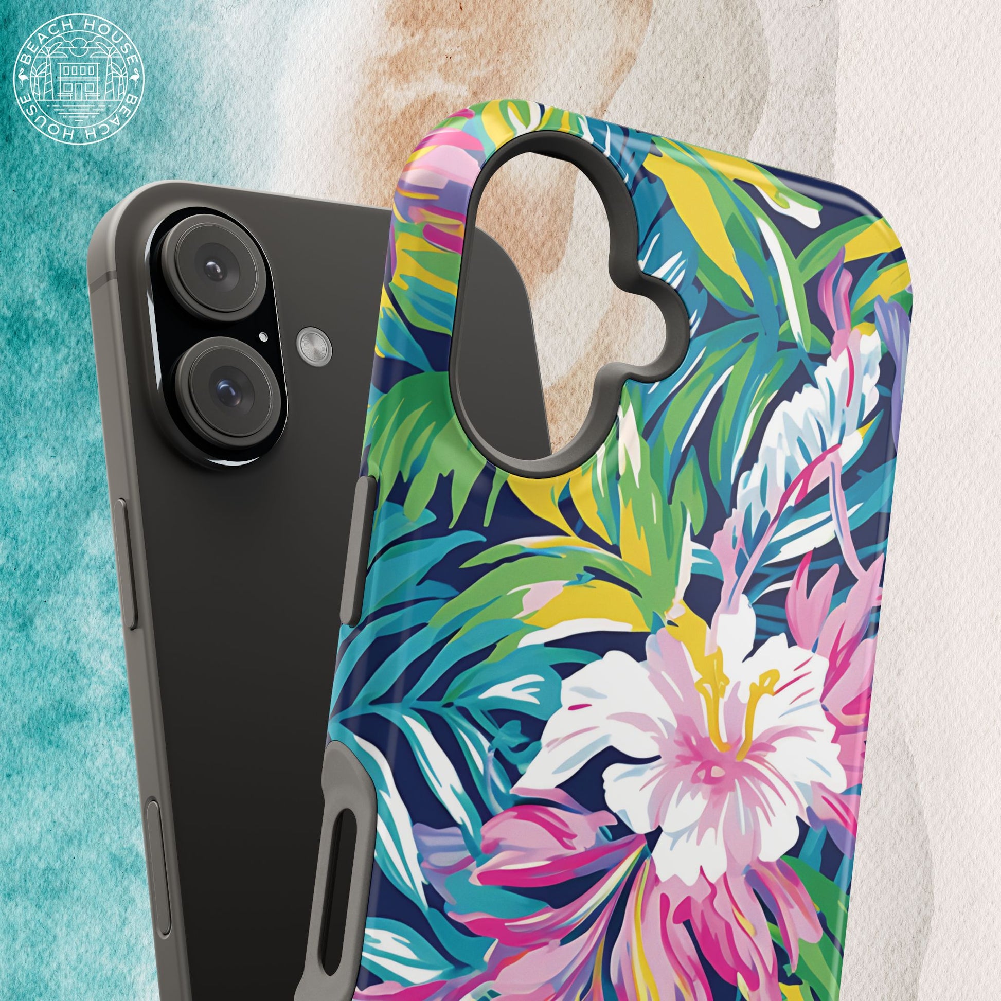 Playa Hermosa MagSafe Tough Phone case with tropical floral design on a textured background