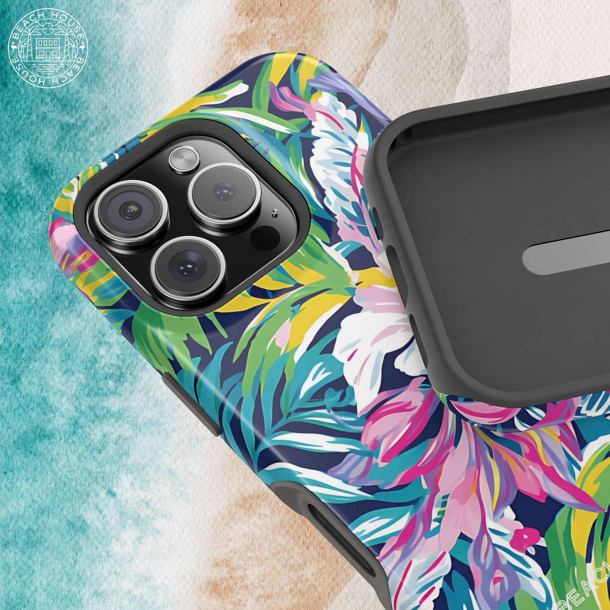 Playa Hermosa MagSafe Tough Phone case with colorful floral design on a textured surface