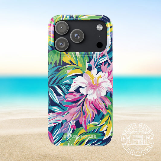 Playa Hermosa Slim Phone case with tropical floral design on a beach background