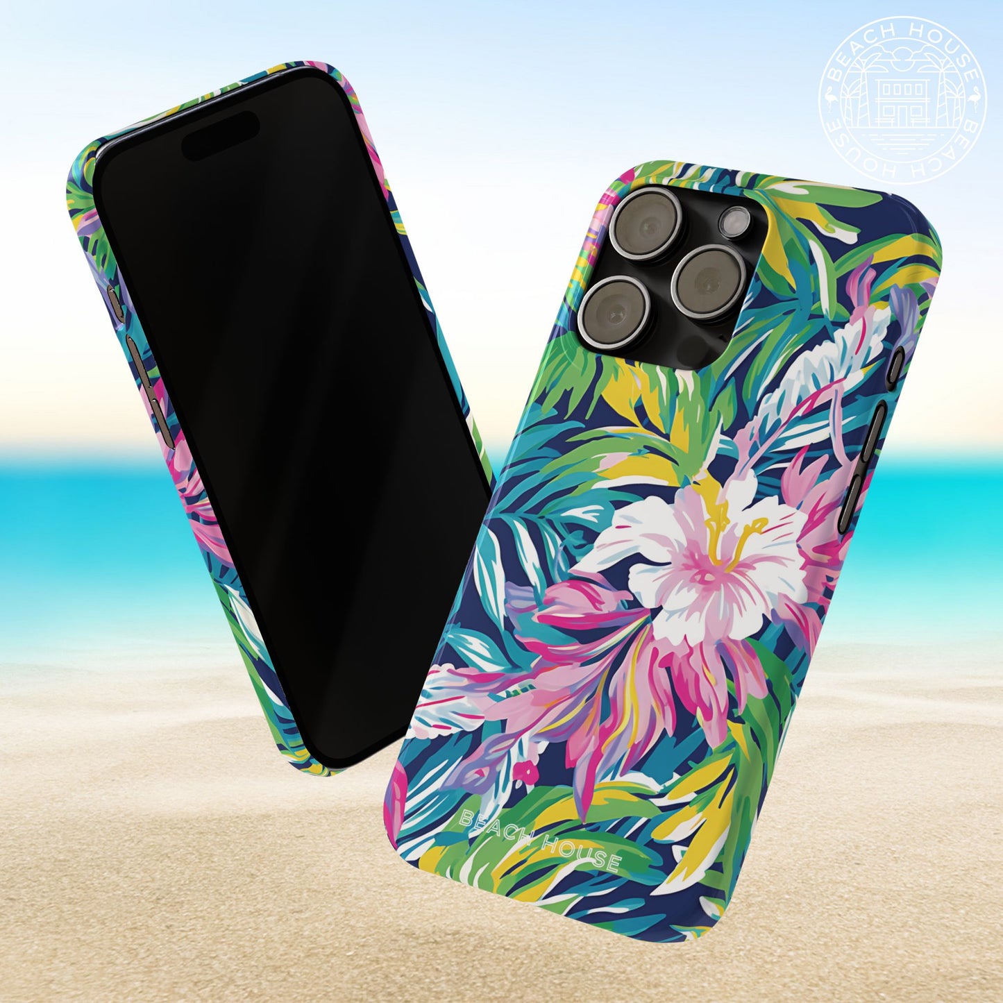 Playa Hermosa Slim Phone case with tropical floral design on a beach background