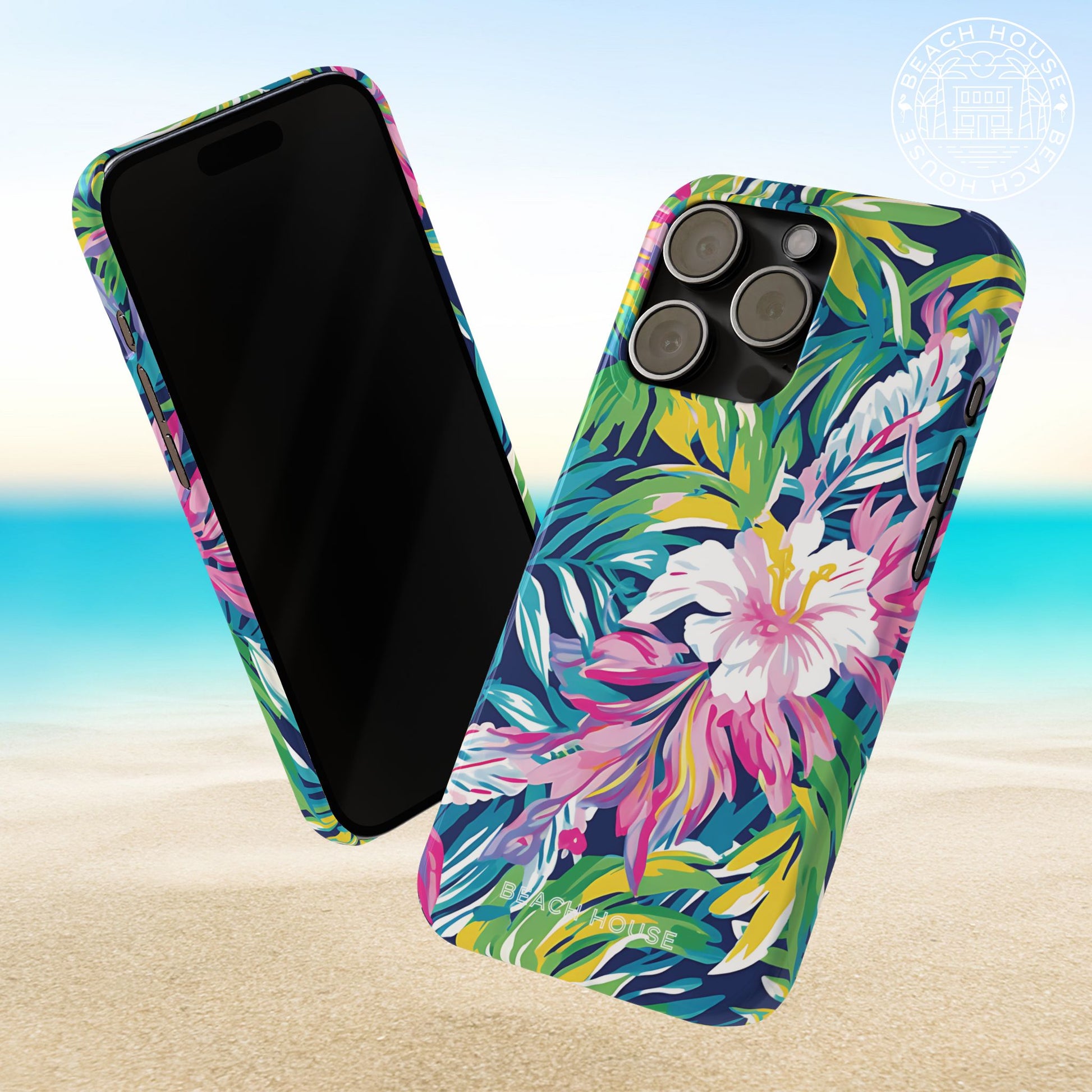Playa Hermosa Slim Phone case with tropical floral design on a beach background