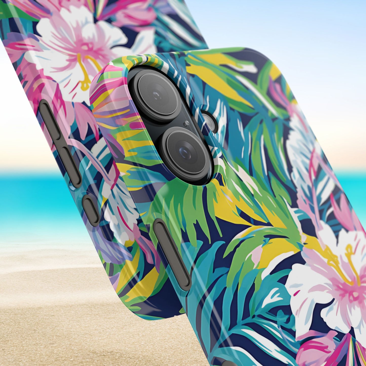 Colorful tropical floral Playa Hermosa Slim phone case with a beach background