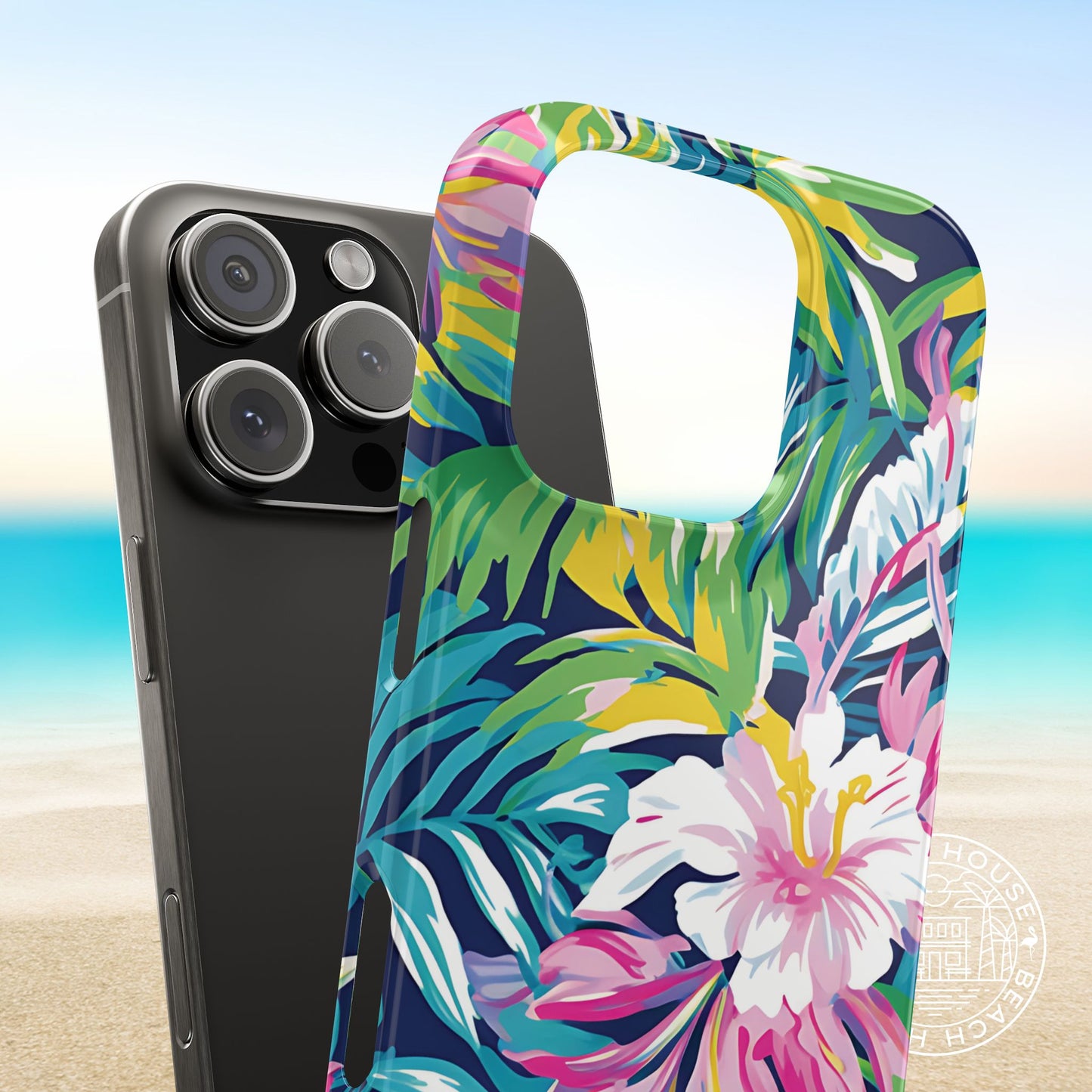 Playa Hermosa Slim Phone case with tropical floral design on a beach background