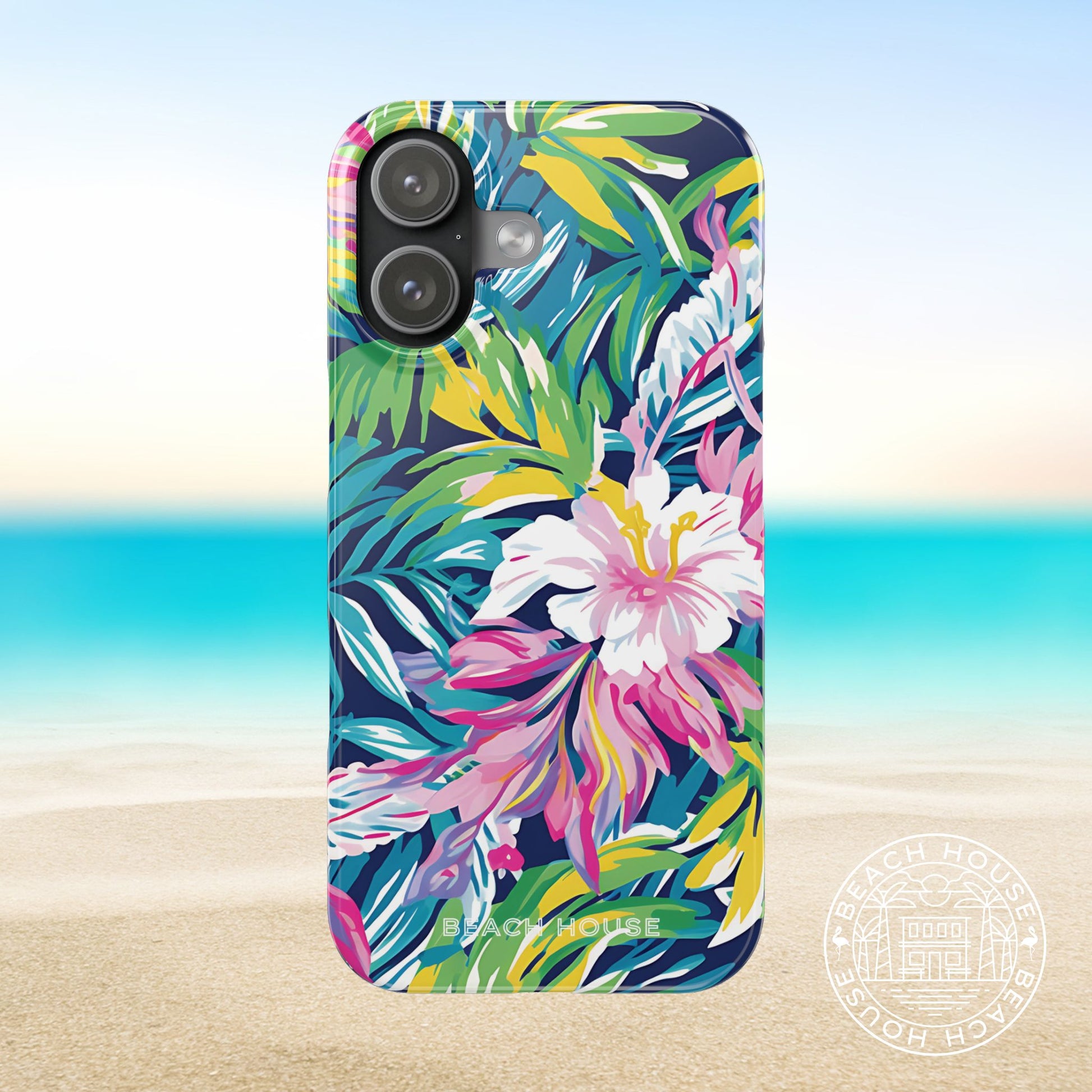 Playa Hermosa Slim Phone 17 case with tropical floral design on a beach background