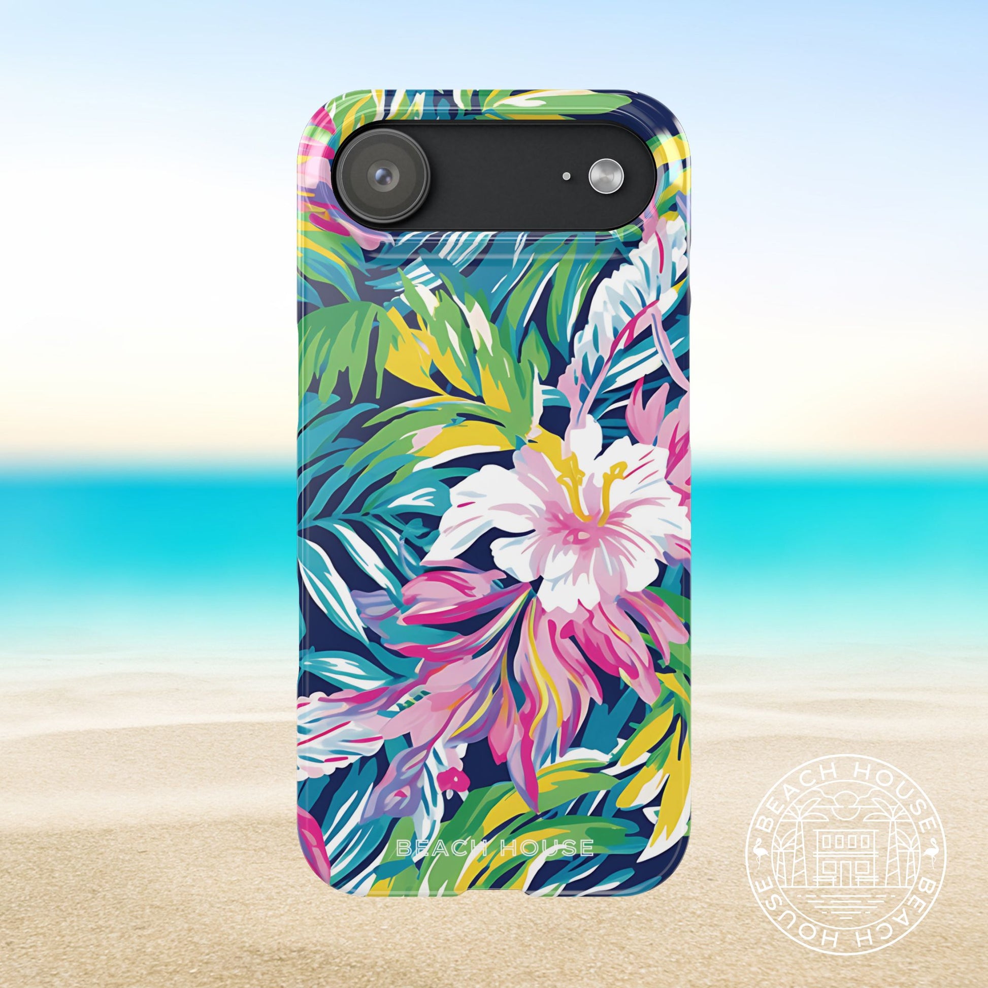 Playa Hermosa Slim Phone 17 Air case with tropical floral design on a beach background