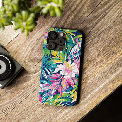 Phone case with colorful floral design on a wooden surface next to a camera