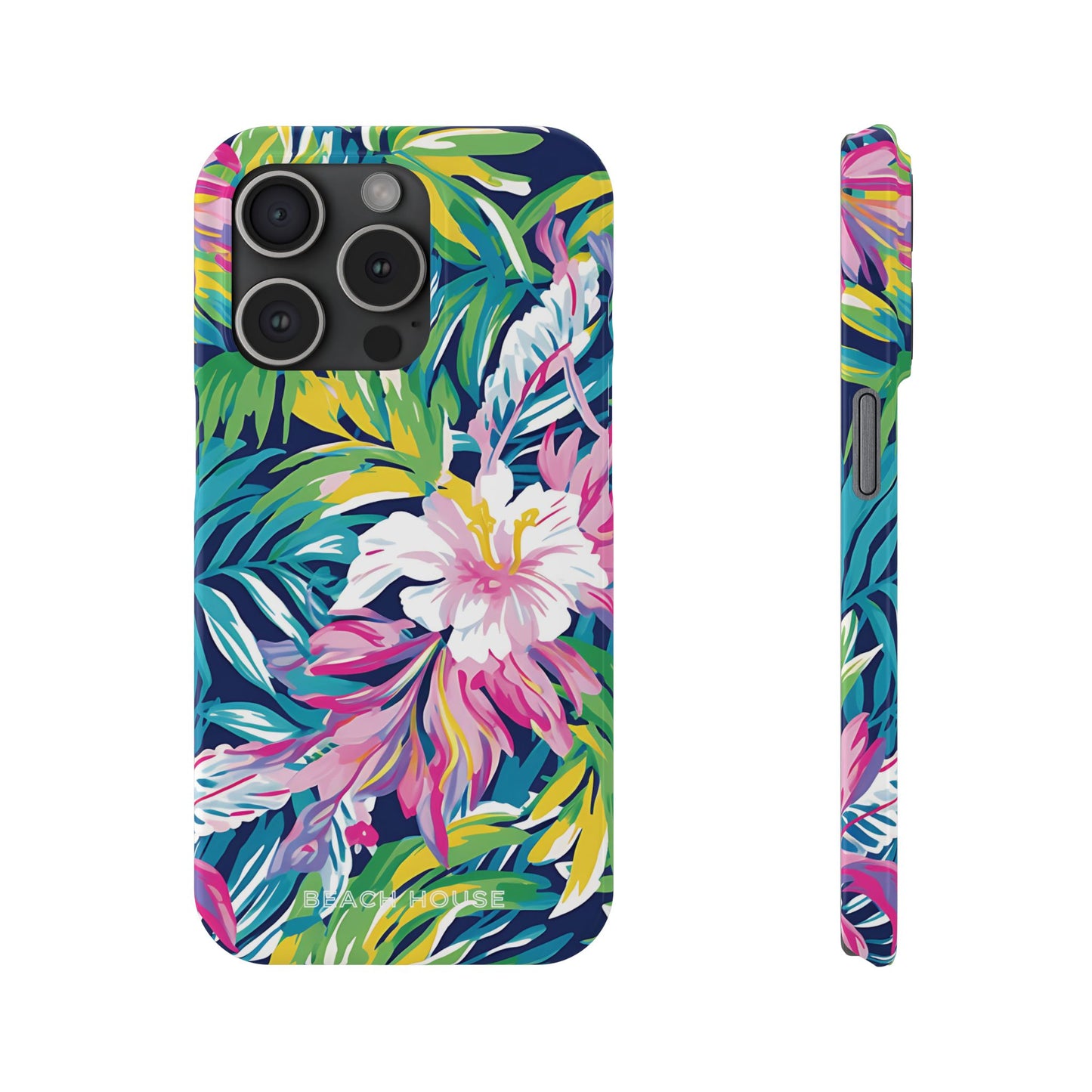 Front and side view of Playa Hermosa Slim Phone case with colorful floral design on a white background