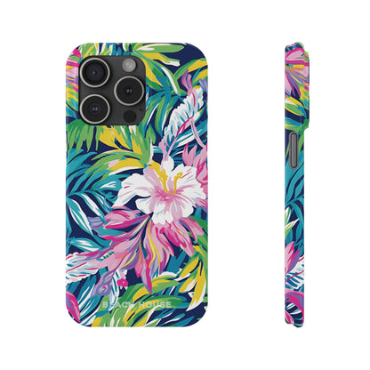 Front and side view of Playa Hermosa Slim Phone case with colorful floral design on a white background