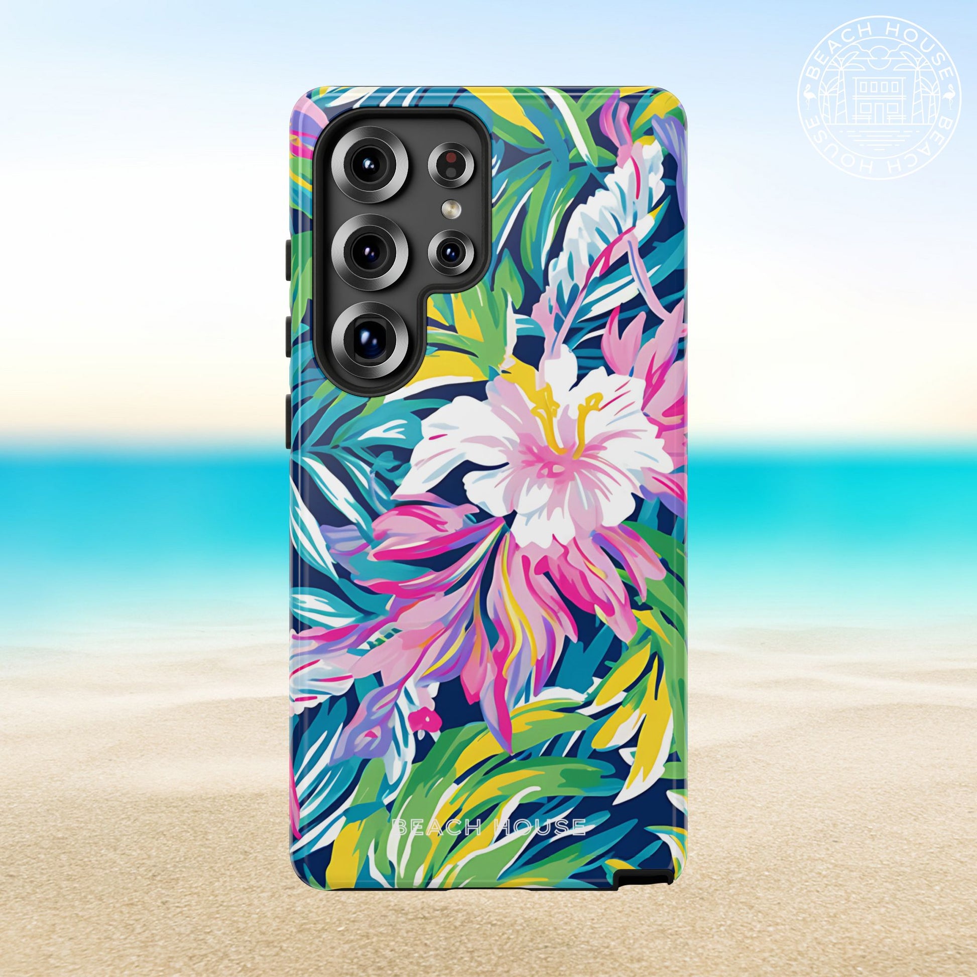 Playa Hermosa Tough Case for Galaxy with tropical floral design on a beach background