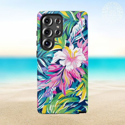 Playa Hermosa Tough Case for Galaxy with tropical floral design on a beach background