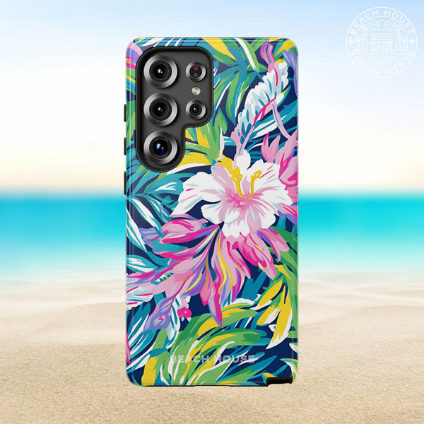 Playa Hermosa Tough Case for Galaxy with tropical floral design on a beach background