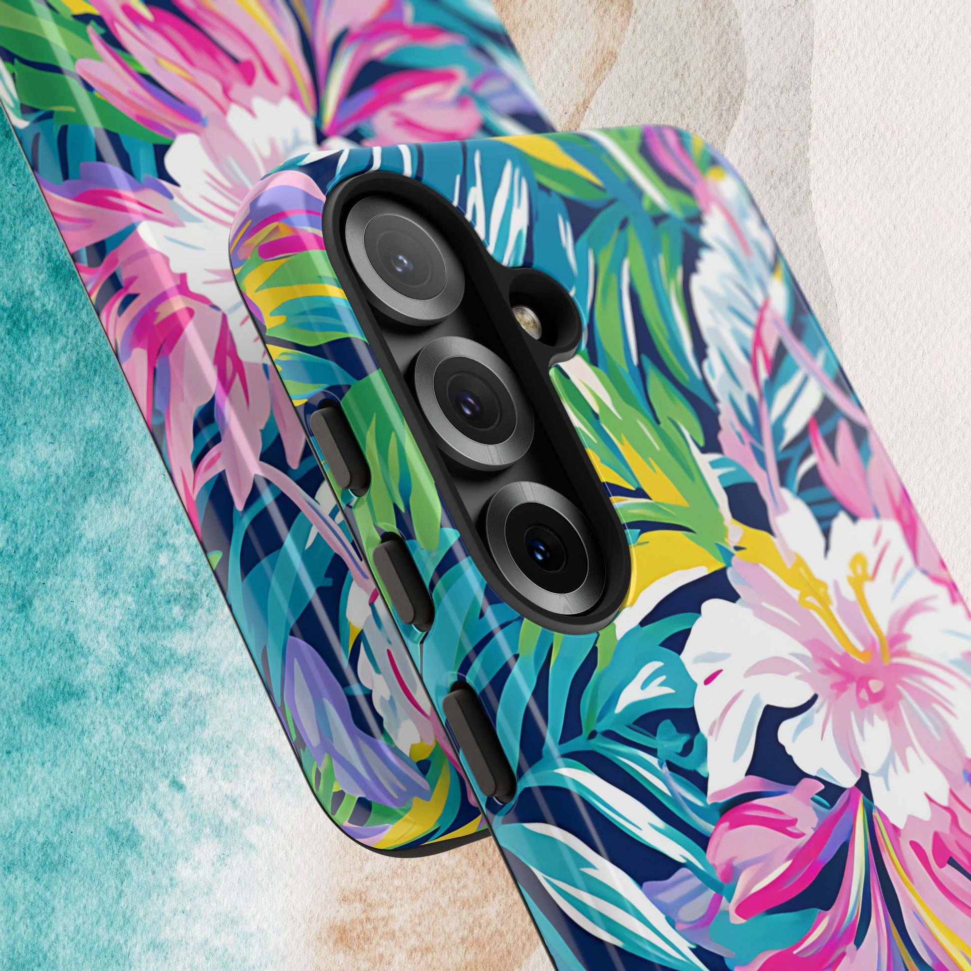 Close up views of the Playa Hermosa Tough Case for Galaxy on a light background