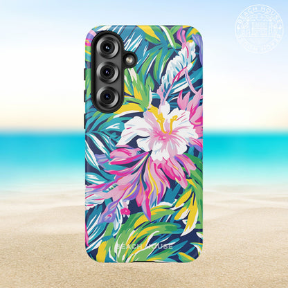 Playa Hermosa Tough Case for Galaxy with vivid floral design on a beach background