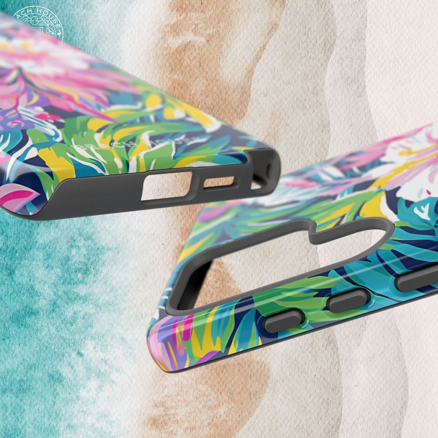 Views of top and bottom of the Playa Hermosa Tough Case for Galaxy with tropical leaf patterns on a textured surface.