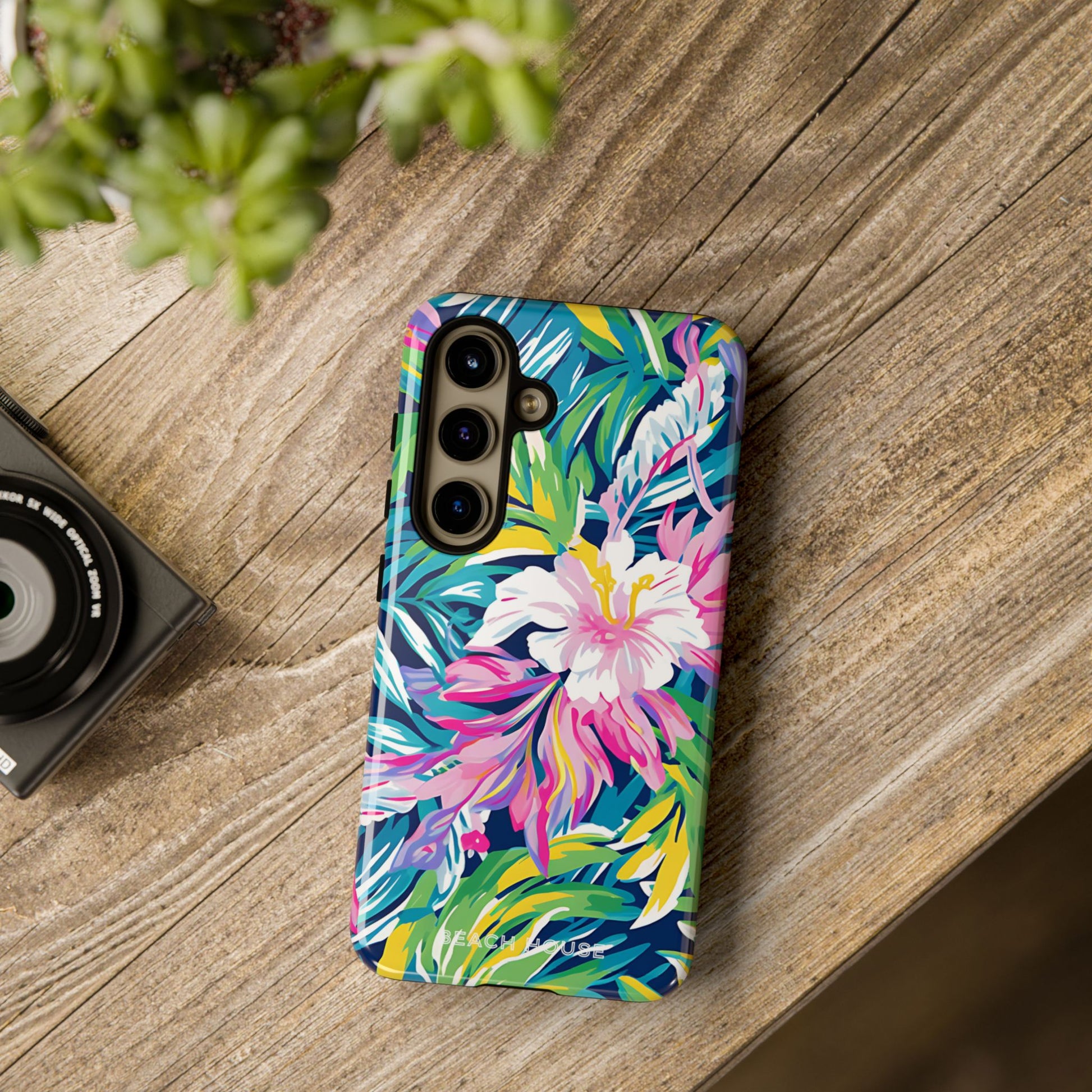 Playa Hermosa Tough Case for Galaxy with colorful floral design on a wooden surface