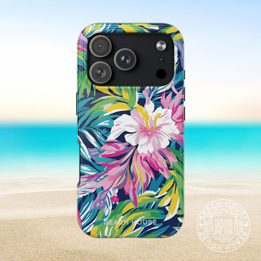 Playa Hermosa Tough Case for iPhone 17 Pro with colorful floral design on a beach background