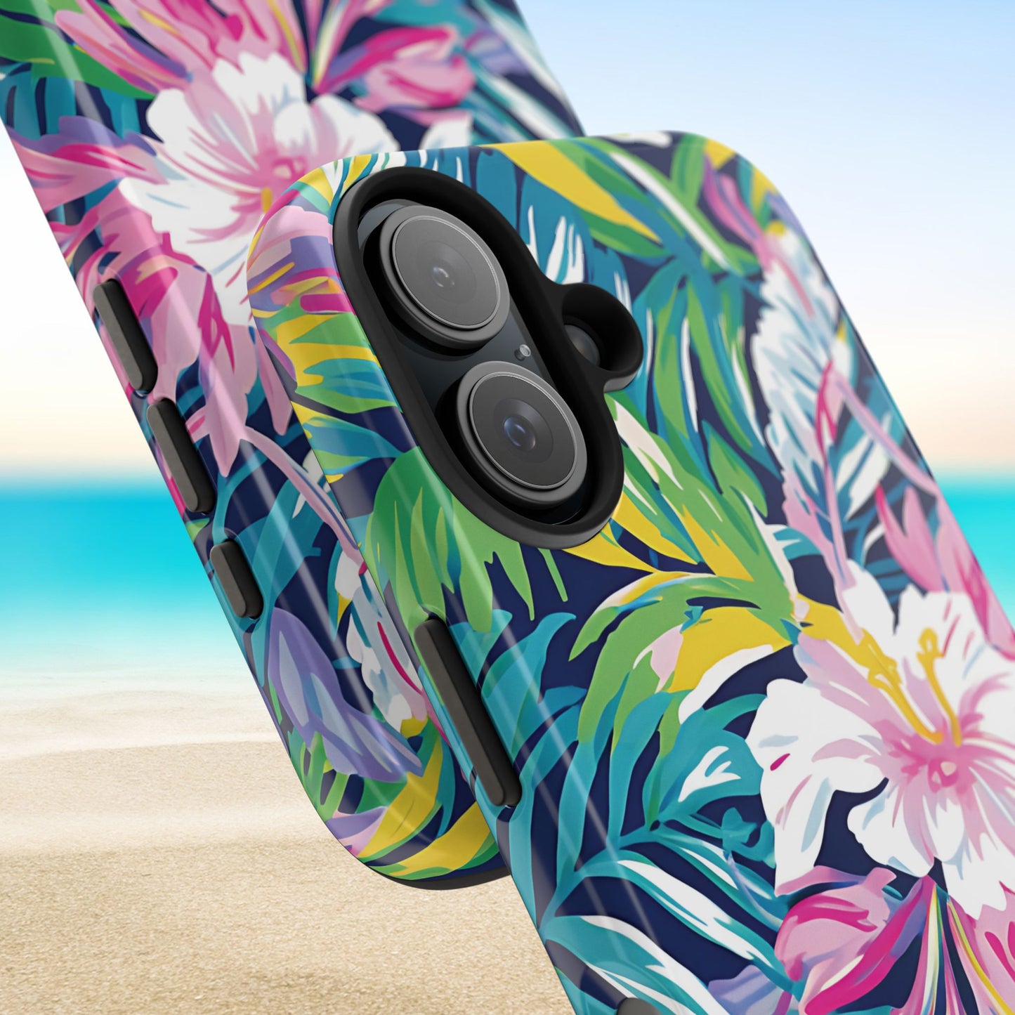 Close up views of the Playa Hermosa Tough Case for iPhone with a beach background