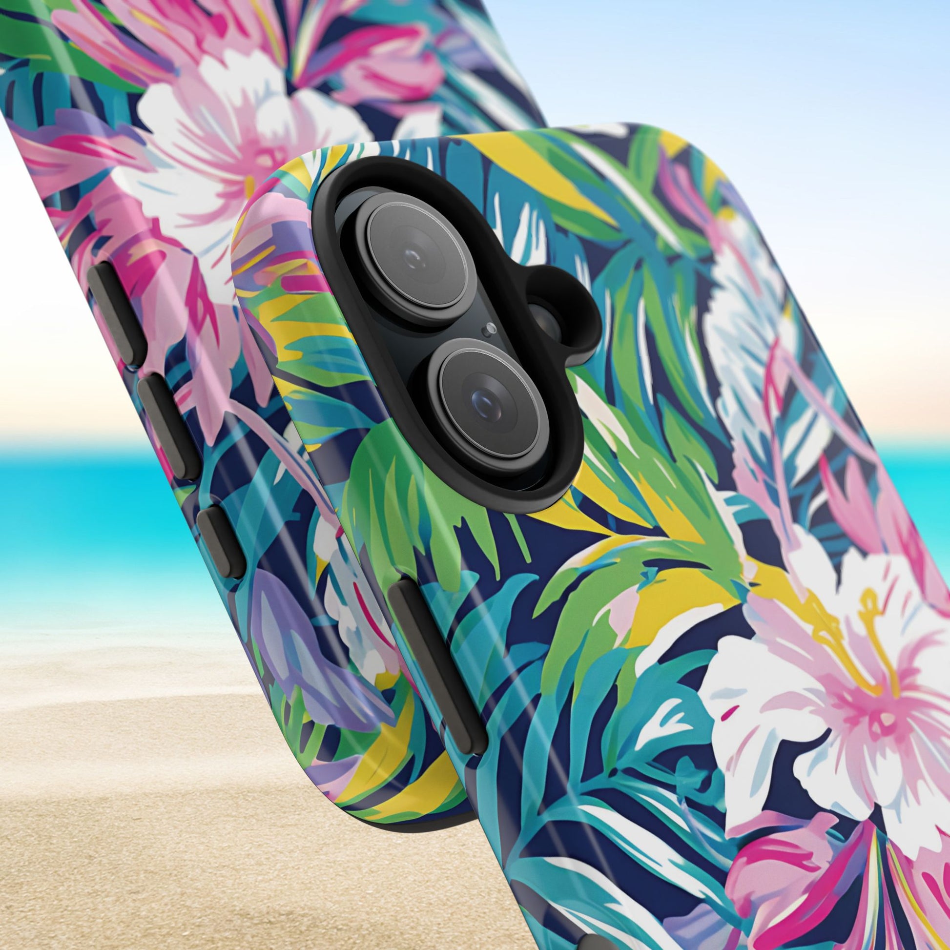 Close up views of the Playa Hermosa Tough Case for iPhone with a beach background