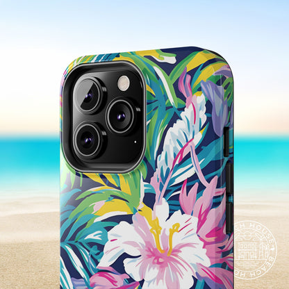 Close up view of the Playa Hermosa Tough Case for iPhone with tropical floral design on a beach background