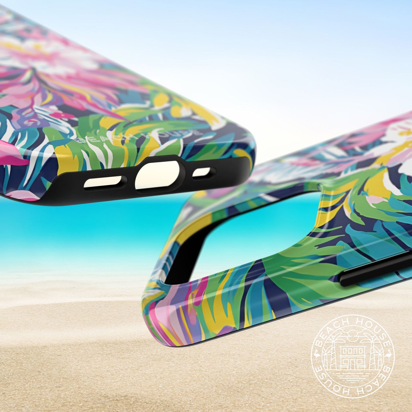 Top and bottom views of the Colorful tropical patterned Playa Hermosa Tough Case for iPhone on a beach background