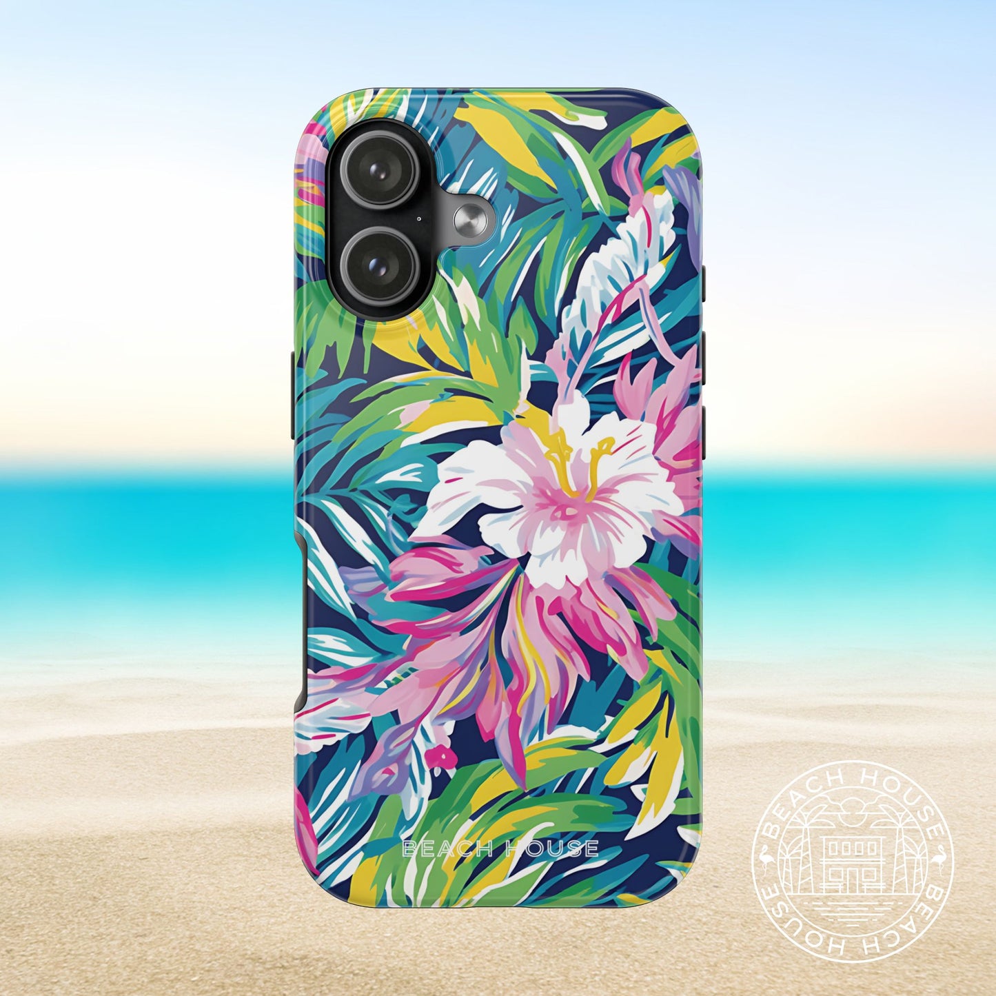 Playa Hermosa Tough Case for iPhone 17 with tropical floral design on a beach background