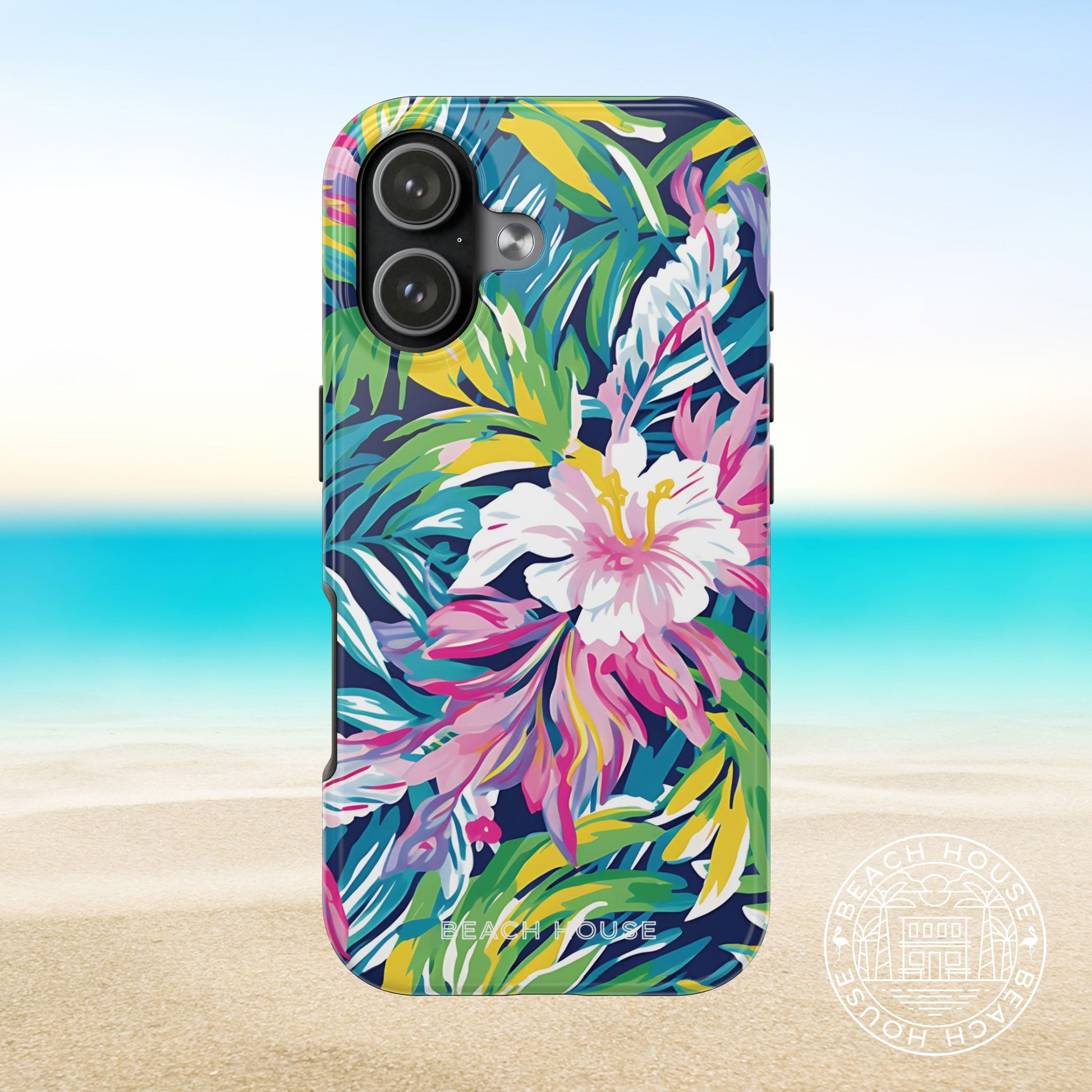 Playa Hermosa Tough Case for iPhone 17 with tropical floral design on a beach background