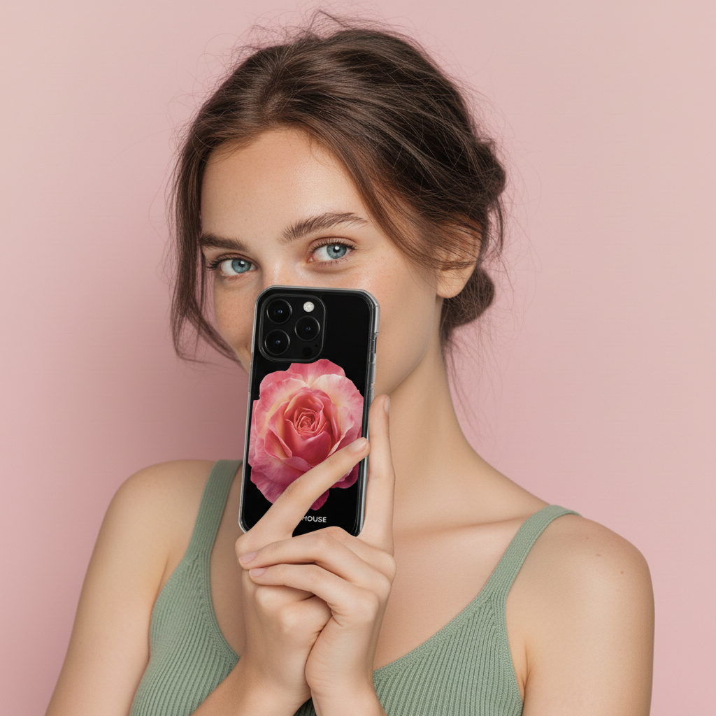 Woman holding a phone with a pink rose design on a pink background