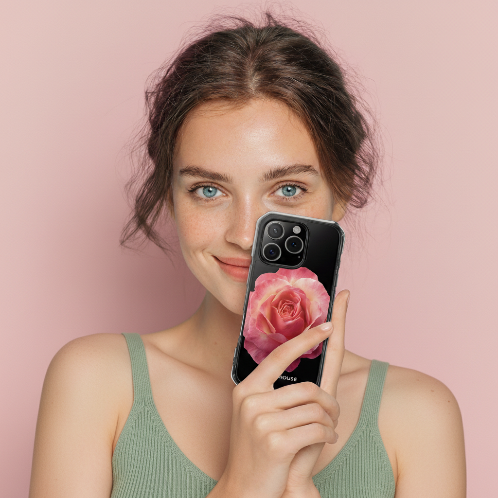 Woman holding a phone with a rose design on a pink background