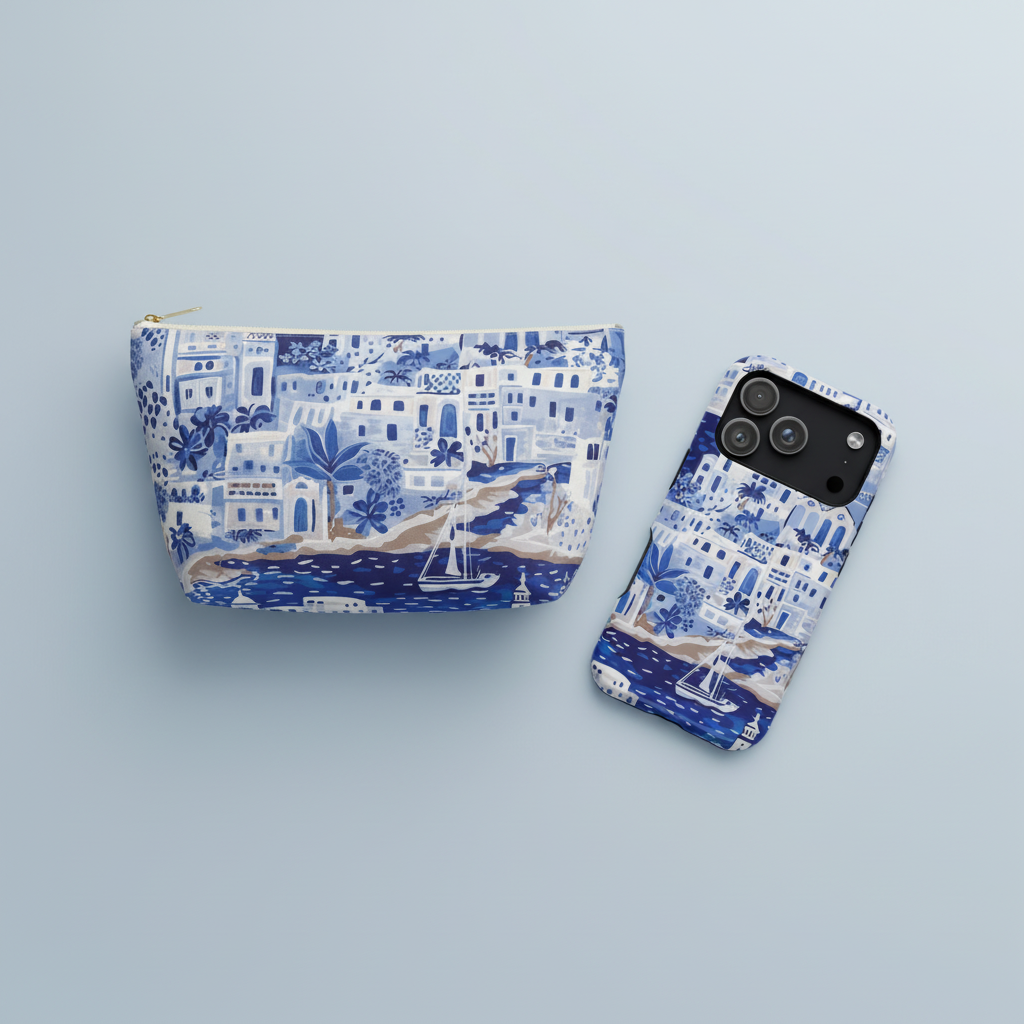 Blue and white patterned pouch and phone case on a light blue background