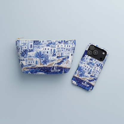 Blue and white patterned pouch and phone case on a light blue background