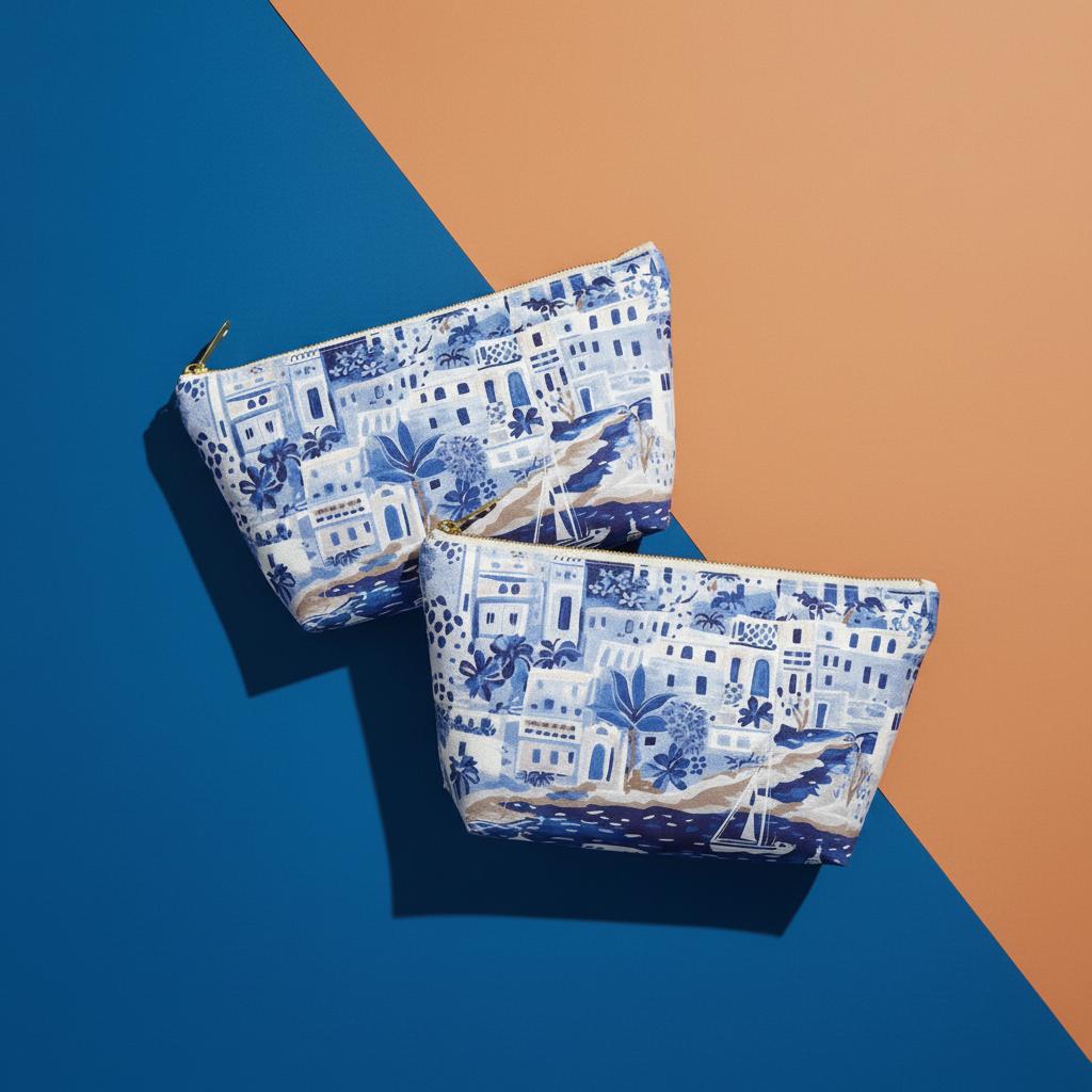 Two blue and white patterned pouches on a two-tone brown and blue background