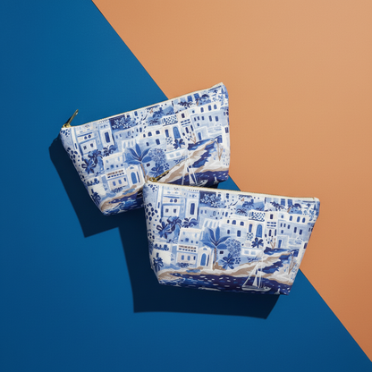 Two blue and white patterned pouches on a two-tone brown and blue background