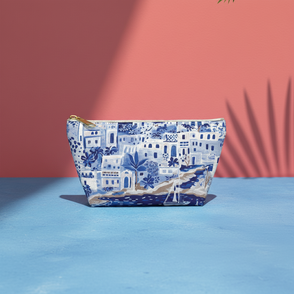 Blue and white patterned pouch on a blue surface with a red background