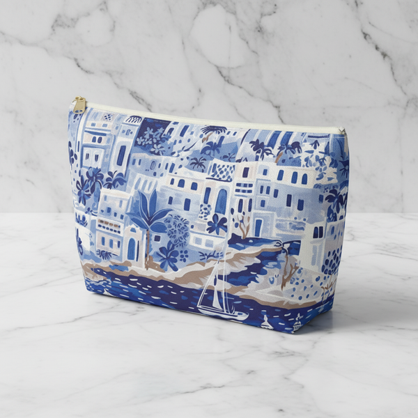 Blue and white patterned pouch on a marble background