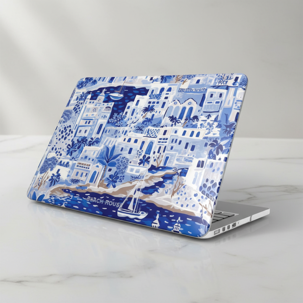 Laptop with a blue and white patterned Santorini MacBook Case on a marble surface