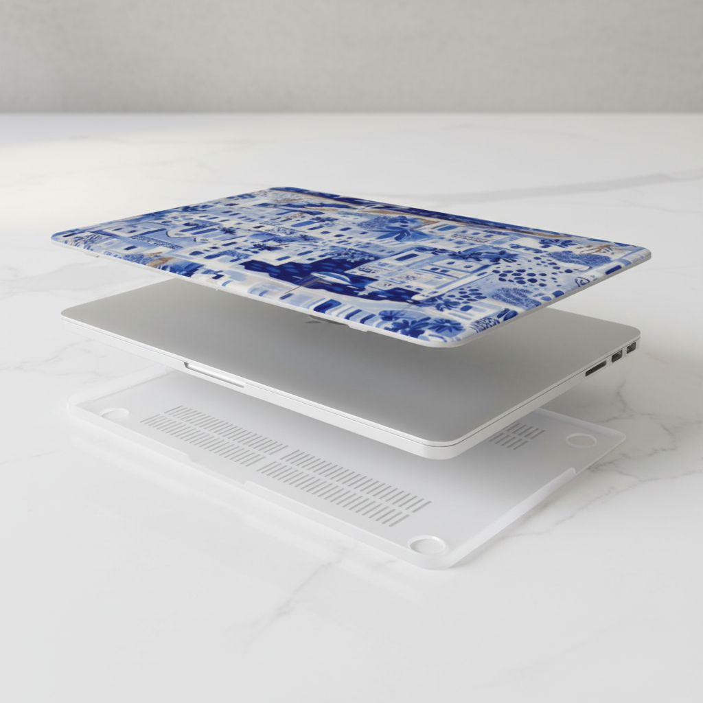 Top and bottom layers of the  Santorini MacBook Case with a laptop, on a white surface
