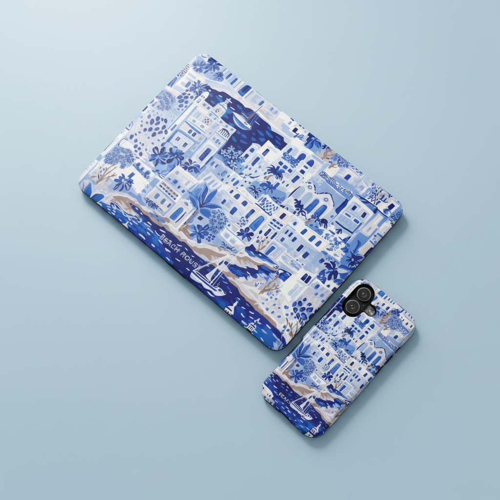 Santorini MacBook Case and Santorini Tough Phone case with blue and white pattern on a light blue background