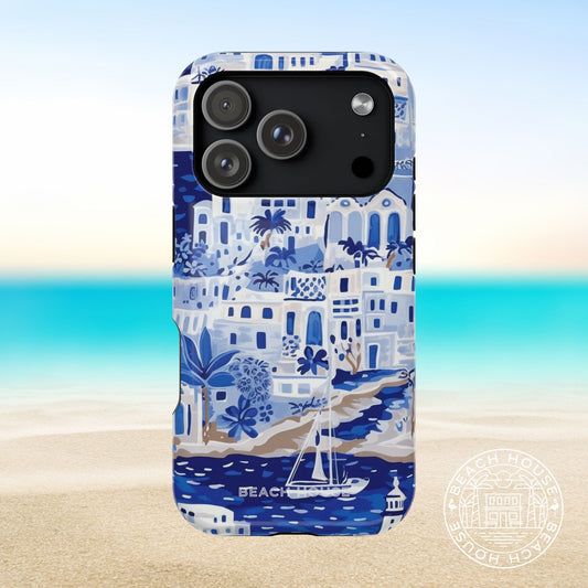 Santorini MagSafe Tough Case for iPhone 17 Pro with coastal design on a beach background