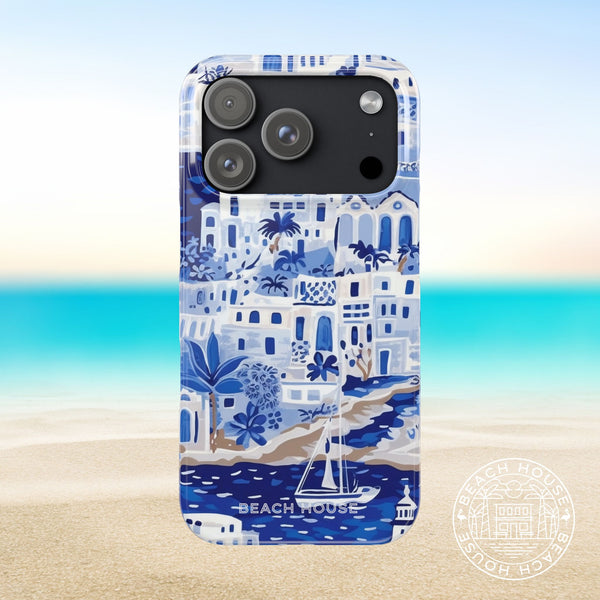 Santorini Slim Case for iPhone 17 Pro with beach house design on a gradient background