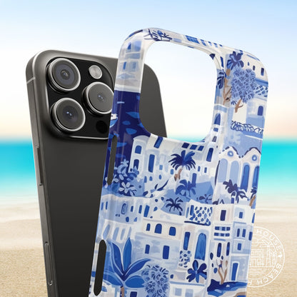 Snap on style Santorini Slim Case for iPhone, next to a phone on a beach background