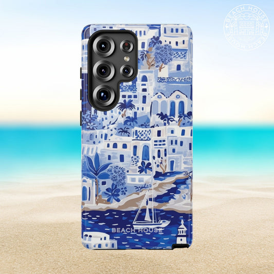 Santorini Tough Case for Galaxy with beach house design on a beach background