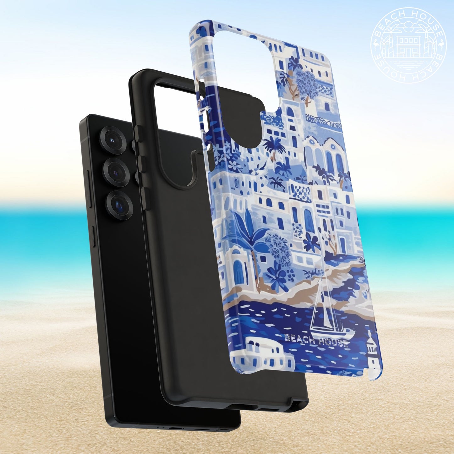 View of outer shell and shock absorbent liner of the Santorini Tough Case for Galaxy with beach house design on a beach background