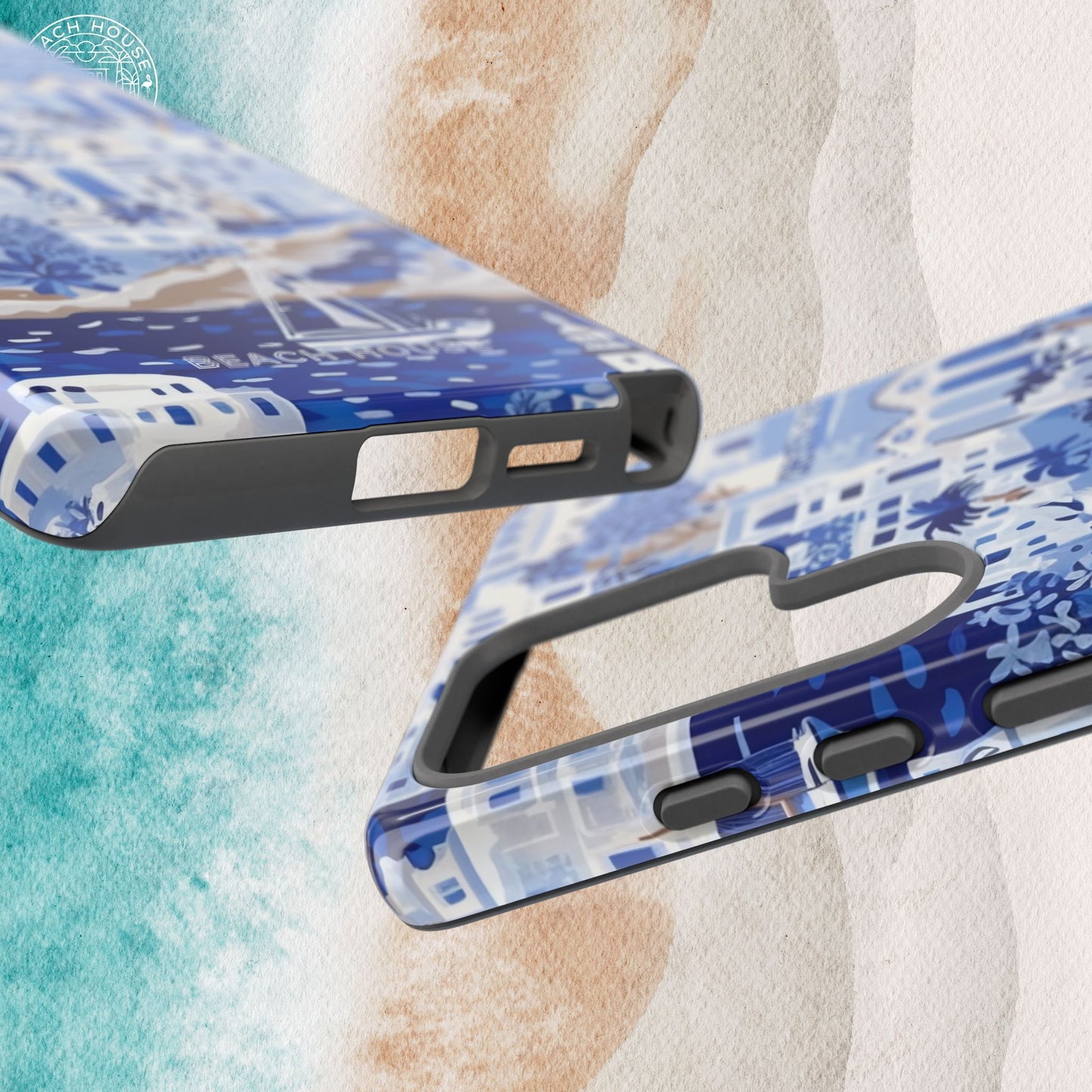 Top and bottom views of the Santorini Tough Case for Galaxy with blue and white coastal design on a textured surface